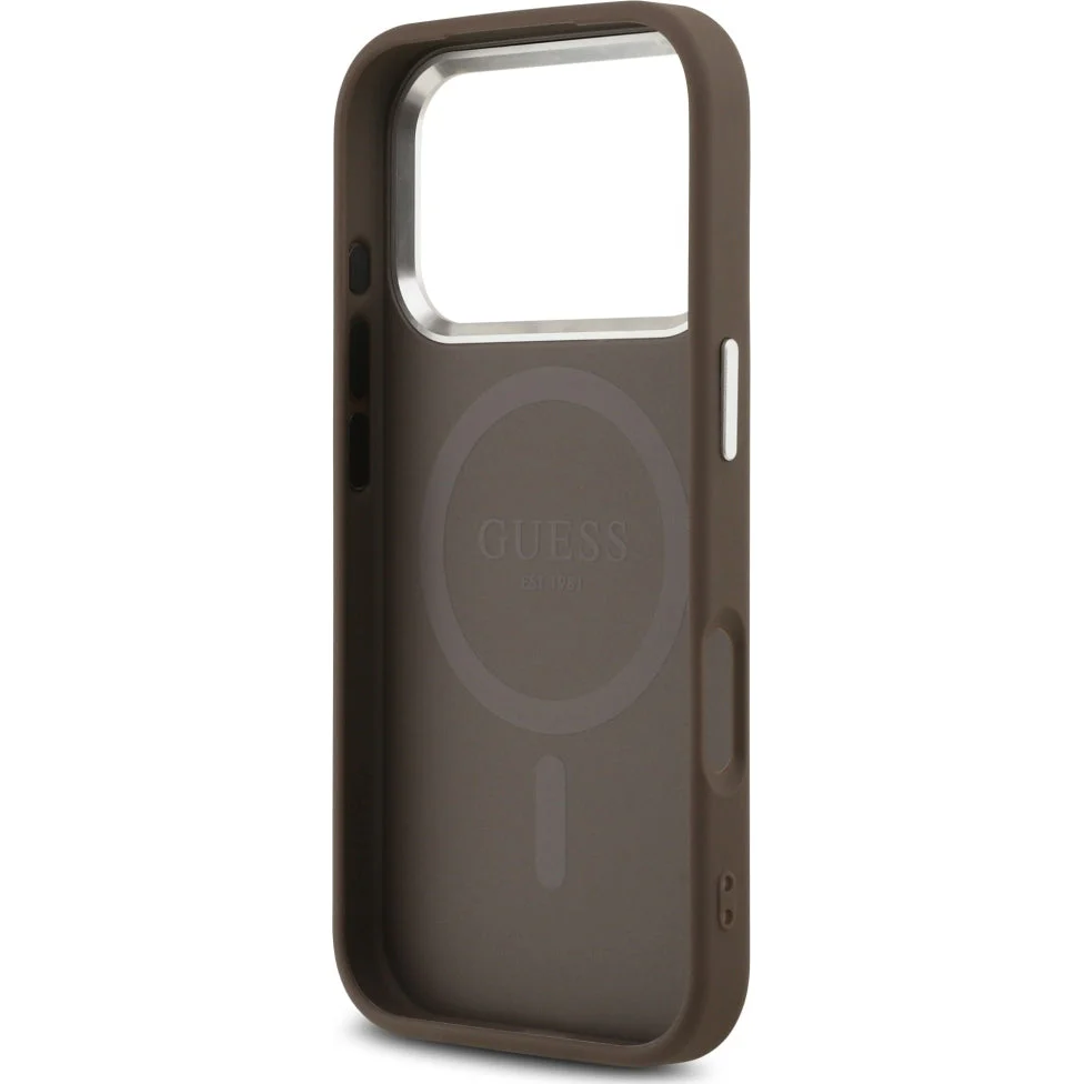 Handyhülle für iPhone 17 Pro, Guess HardCase Leather 4G Triangle Strass, Braun - Image 7