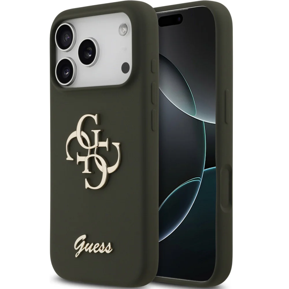 Handyhülle für iPhone 17 Pro, Guess Hardcase Silicone Big 4G Script, Dunkelgrün