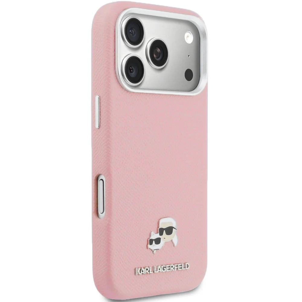 Handyhülle für iPhone 17 Pro, Karl Lagerfeld HardCase Karl and Choupette Head Pin Saffiano mit MagSafe, Rosa - Image 5