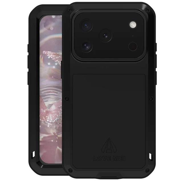 Handyhülle für iPhone 17 Pro, Love Mei Powerful mit Glas, Schwarz