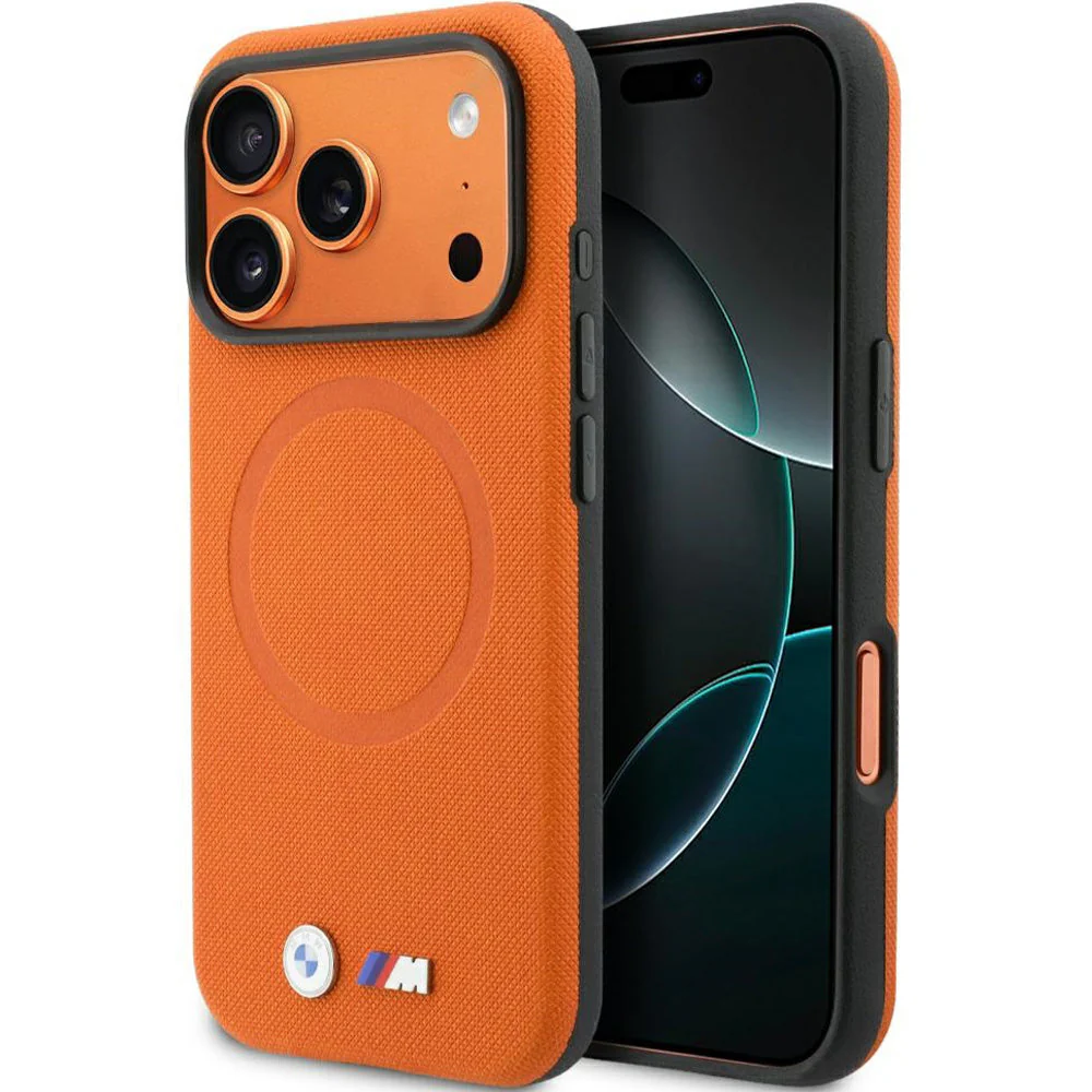 Handyhülle für iPhone 17 Pro Max, BMW HardCase M FW Metal Logo mit MagSafe, Orange