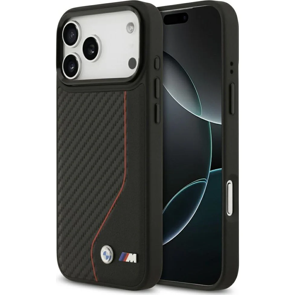 Handyhülle für iPhone 17 Pro Max, BMW M Carbon Line & Logo mit MagSafe, Schwarz mit roter Linie