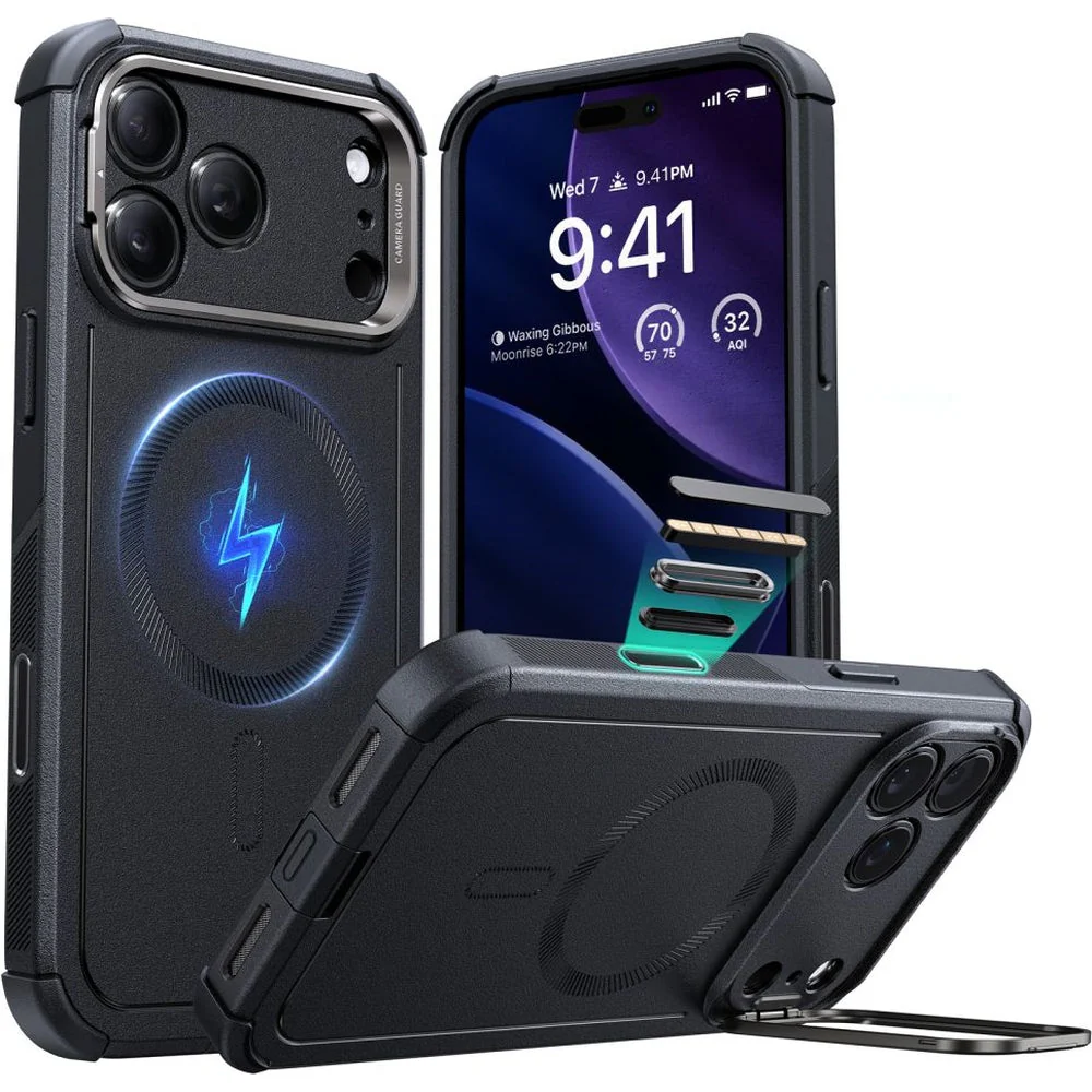 Handyhülle für iPhone 17 Pro Max, ESR Cyber Tough Case Kickstand mit MagSafe, Schwarz