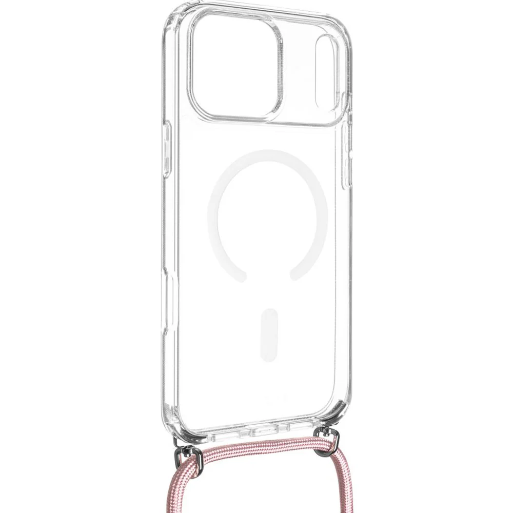 Handyhülle für iPhone 17 Pro Max, FIXED MagPure Neck mit MagSafe, Transparent mit Rosa Schlüsselband