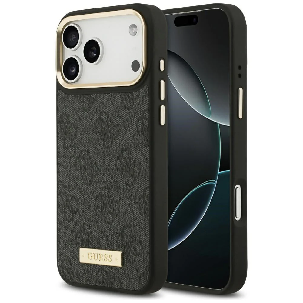 Handyhülle für iPhone 17 Pro Max, Guess 4G Logo Plate mit MagSafe, Schwarz