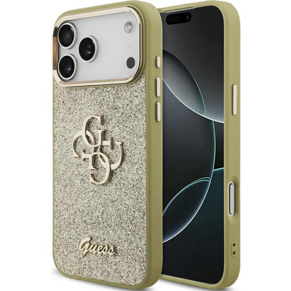 Handyhülle für iPhone 17 Pro Max, Guess Fixed Glitter Big 4G Metal Frame, Gold-Glitter