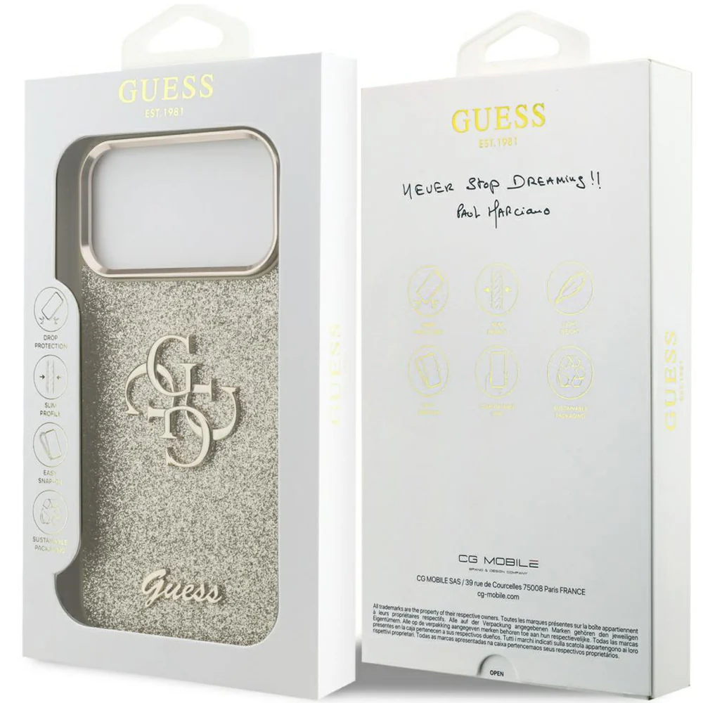 Handyhülle für iPhone 17 Pro Max, Guess Fixed Glitter Big 4G Metal Frame, Gold-Glitter - Image 2