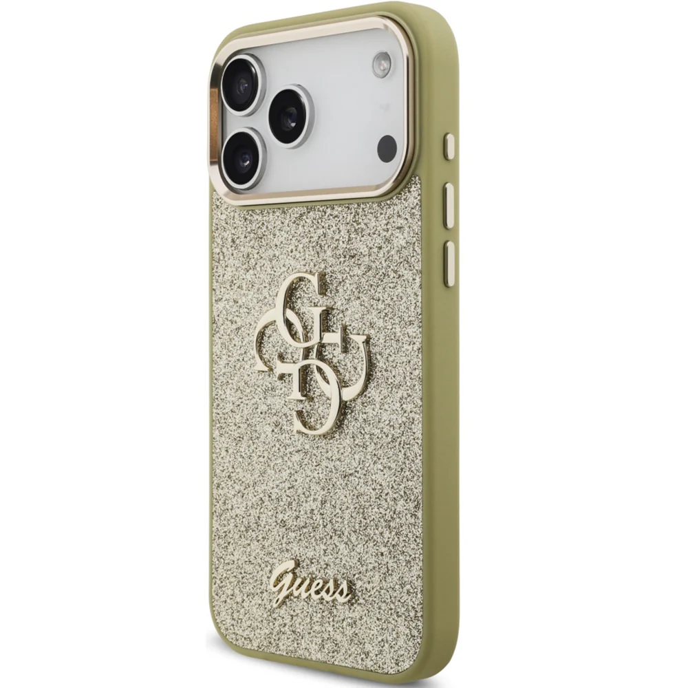 Handyhülle für iPhone 17 Pro Max, Guess Fixed Glitter Big 4G Metal Frame, Gold-Glitter - Image 3