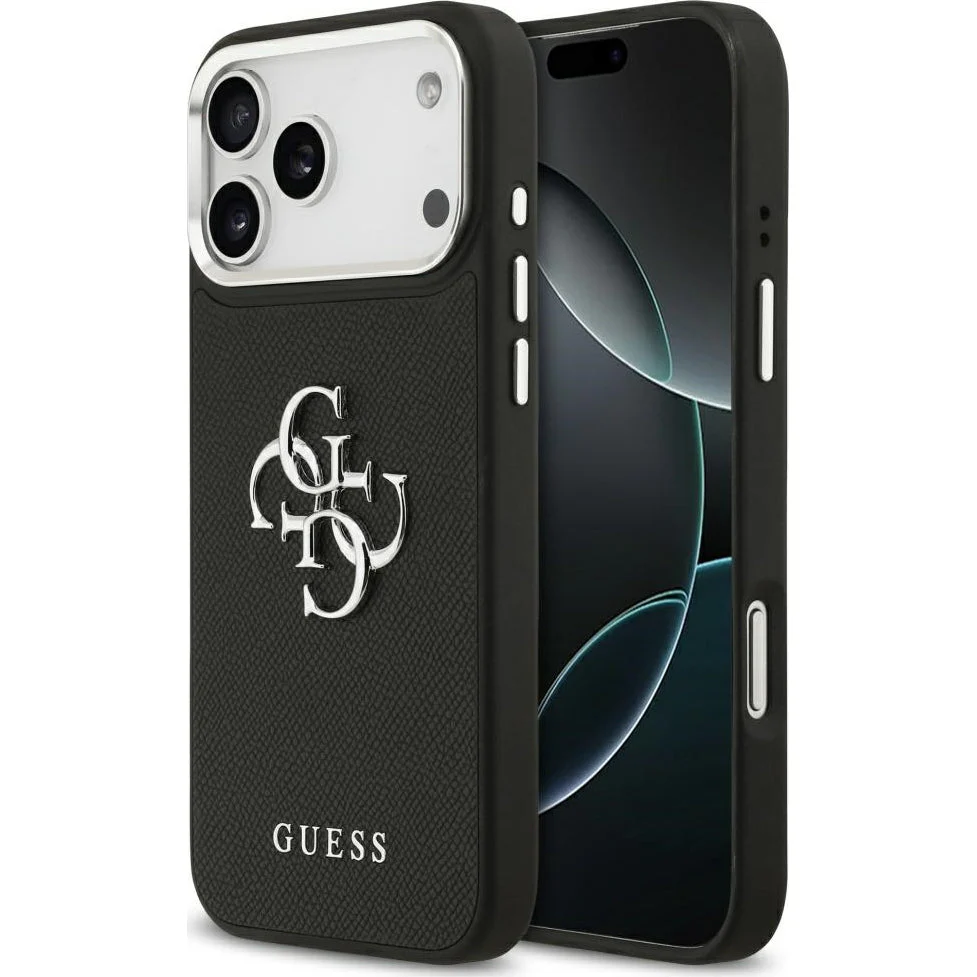 Handyhülle für iPhone 17 Pro Max, Guess Grained Big 4G Small Classic Logo, Schwarz