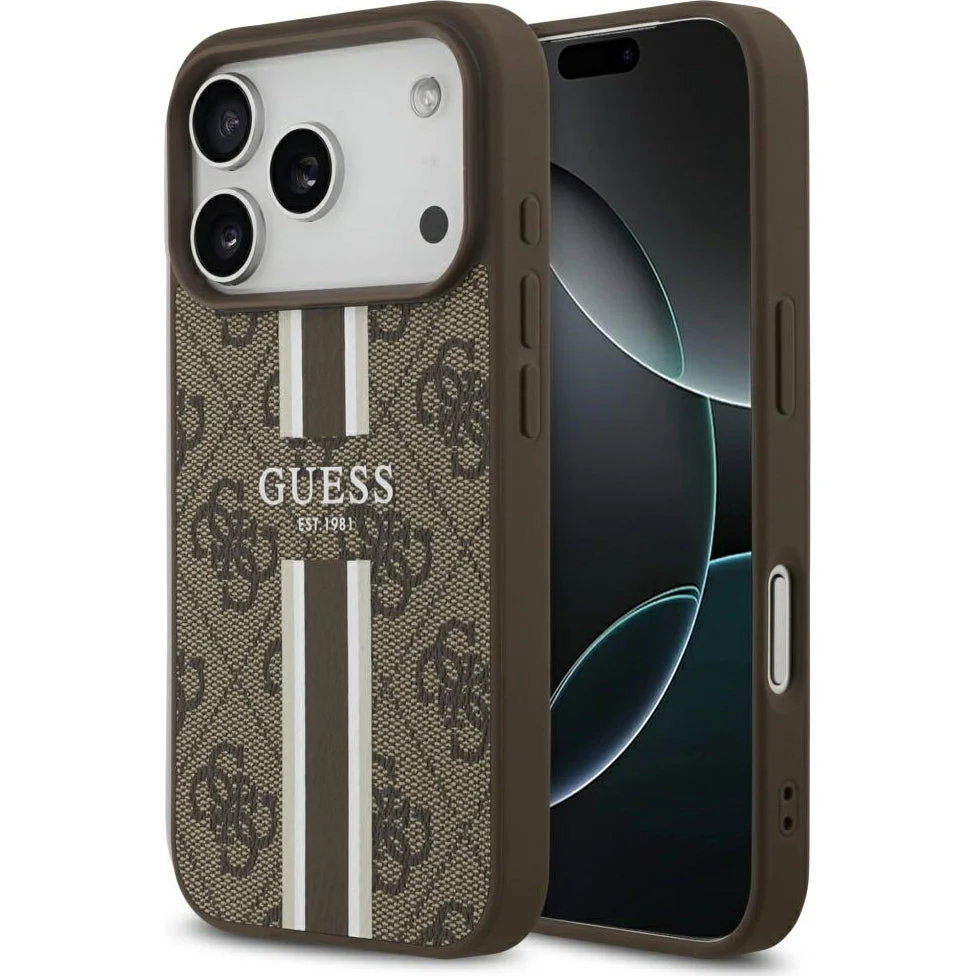 Handyhülle für iPhone 17 Pro Max, Guess Hardcase 4G Printed Stripes mit MagSafe, Braun