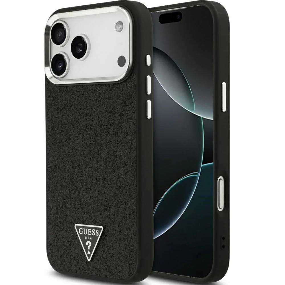 Handyhülle für iPhone 17 Pro Max, Guess Hardcase Glitter Triangle Logo mit MagSafe, Schwarz-Glitter