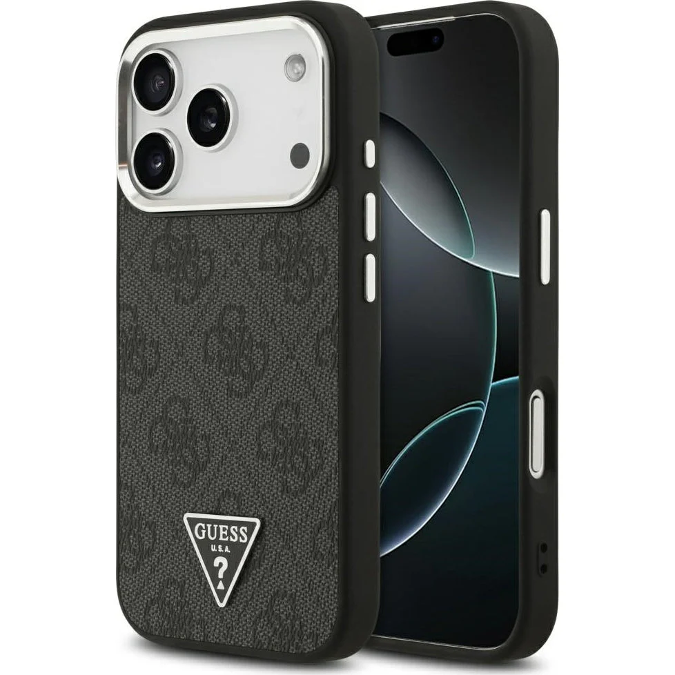 Handyhülle für iPhone 17 Pro Max, Guess HardCase Leather 4G Triangle Strass, Schwarz