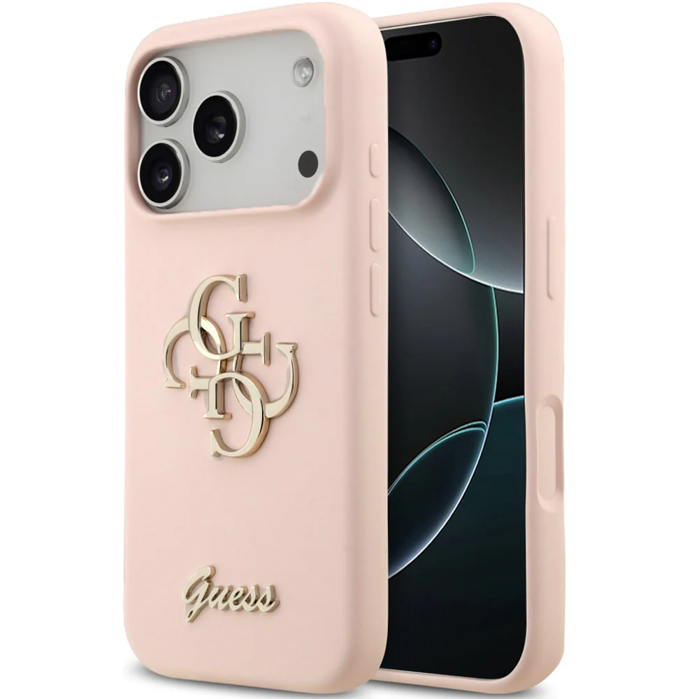 Handyhülle für iPhone 17 Pro Max, Guess Hardcase Silicone Big 4G Script, Hellrosa
