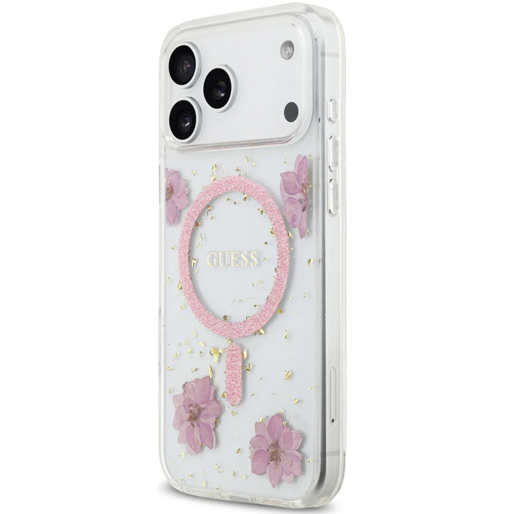 Handyhülle für iPhone 17 Pro Max, Guess Resin Flowers Glitter mit MagSafe, Rosa mit floralem Muster - Image 6