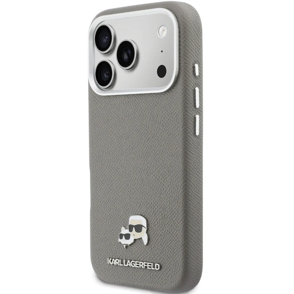 Handyhülle für iPhone 17 Pro Max, Karl Lagerfeld HardCase Karl and Choupette Head Pin Saffiano mit MagSafe, Grau - Image 3