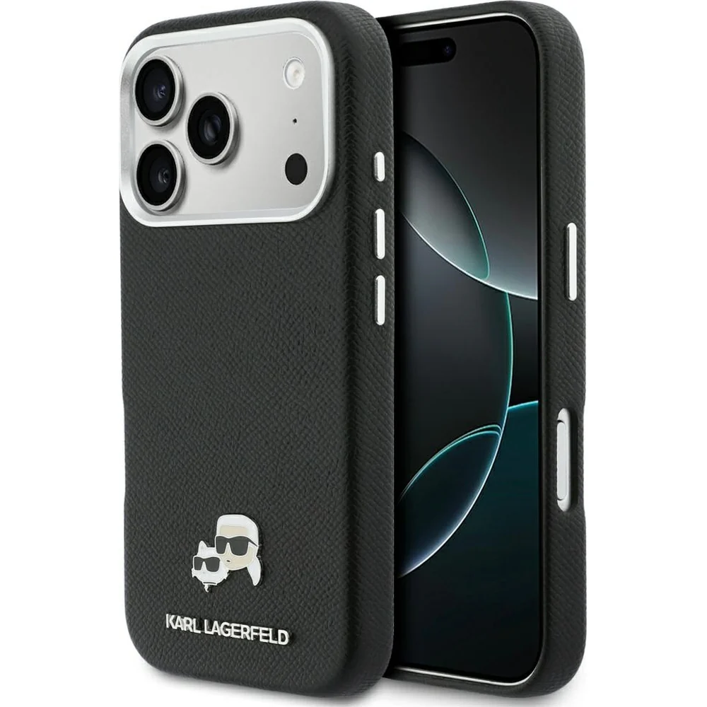 Handyhülle für iPhone 17 Pro Max, Karl Lagerfeld HardCase Karl and Choupette Head Pin Saffiano, Schwarz
