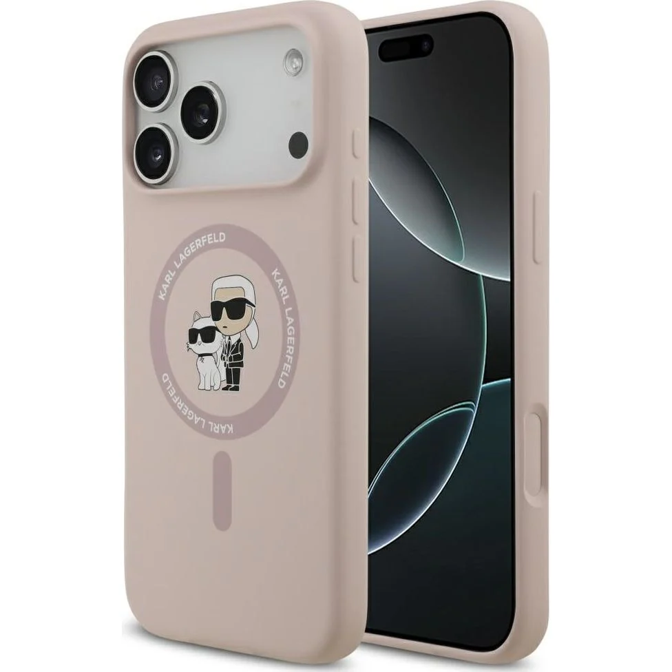 Handyhülle für iPhone 17 Pro Max, Karl Lagerfeld Liquid Hardcase Karl & Choupette Body Ring mit MagSafe, Rosa