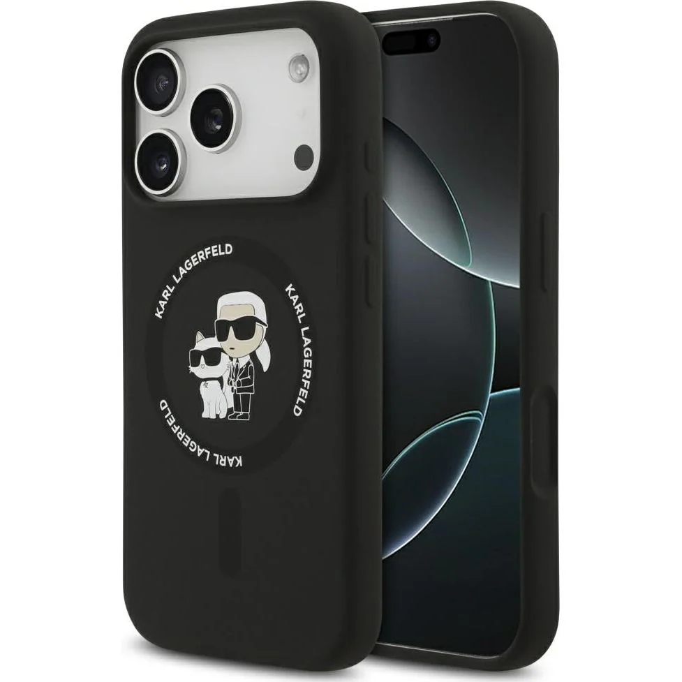 Handyhülle für iPhone 17 Pro Max, Karl Lagerfeld Liquid Hardcase Karl & Choupette Body Ring mit MagSafe, Schwarz