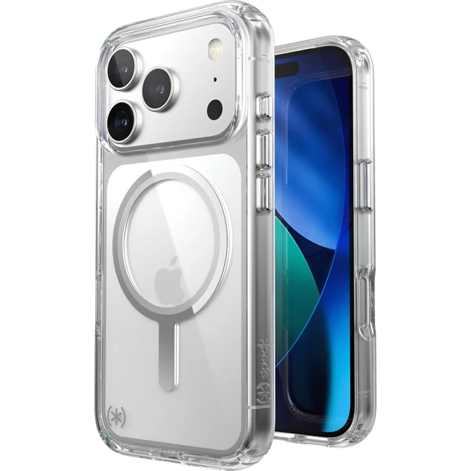 Handyhülle für iPhone 17 Pro, Speck Presidio Perfect-Clear mit MagSafe, Transparent und Silbern