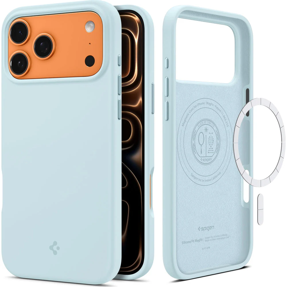 Handyhülle für iPhone 17 Pro, Spigen Silicone Fit Mag mit MagSafe, Hellblau