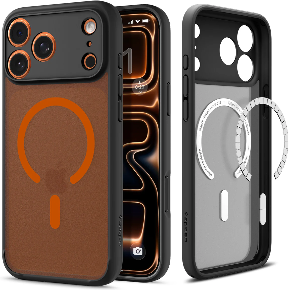 Handyhülle für iPhone 17 Pro, Spigen Ultra Hybrid Mag mit MagSafe, Durchscheinend-Schwarz-Orange