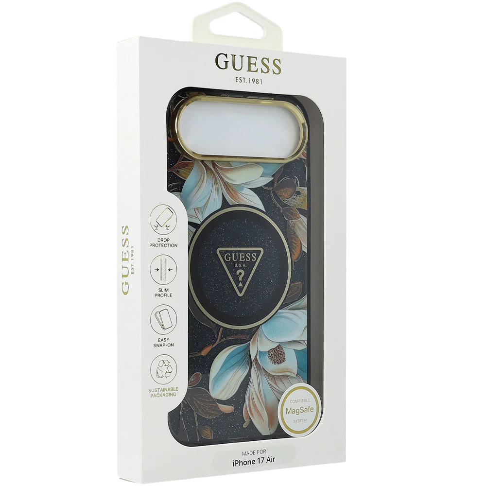Handyhülle für iPhone Air, Guess IML Metal Glitter Flowers Triangle mit MagSafe, Schwarz mit floralem Muster - Image 9