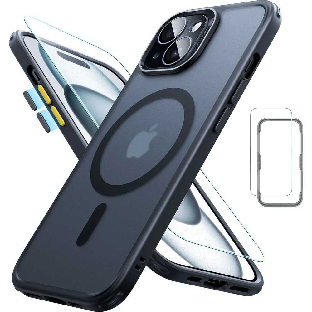 Handyhülle + Gehärtetes Glas für Bildschirm für iPhone 15 für MagSafe, ESR Pro Case Protection Set, Rauchfarben/Schwarz