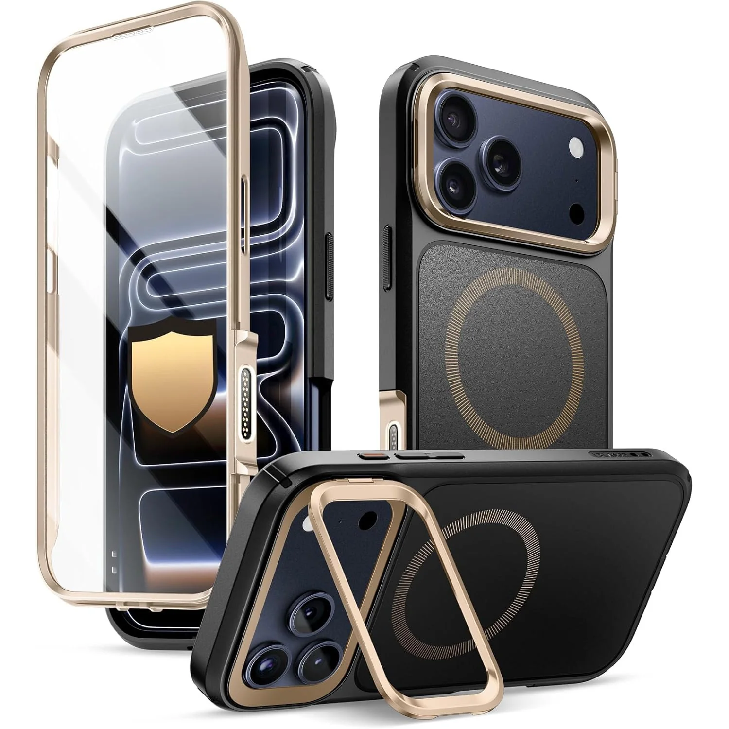 Handyhülle + Glas 9H für iPhone 17 Pro Max, Supcase i-Blason Ares Flip Mag SPG (CC) mit MagSafe, Schwarz-Golden