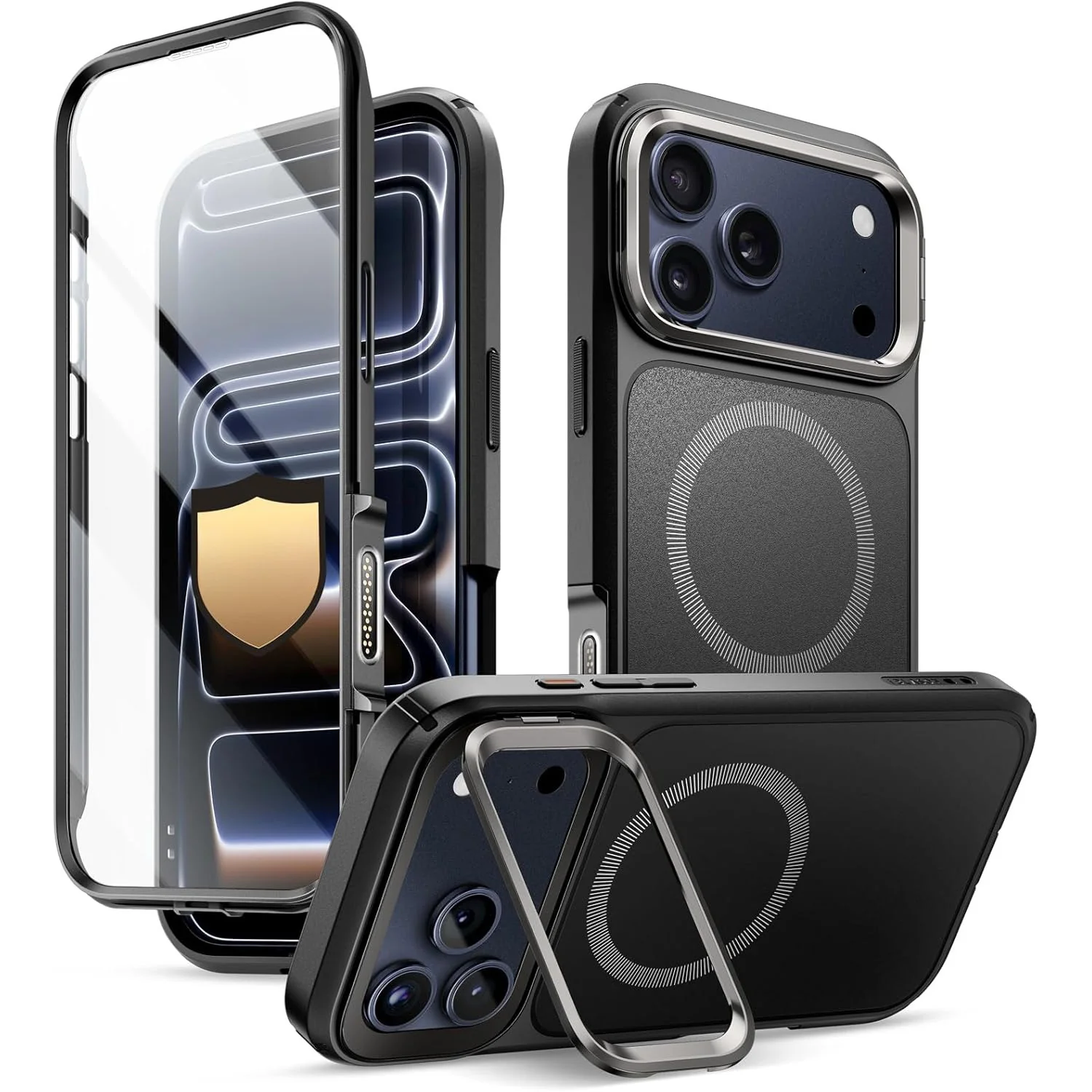Handyhülle + Glas 9H für iPhone 17 Pro Max, Supcase i-Blason Ares Flip Mag SPG (CC) mit MagSafe, Schwarz-Grau