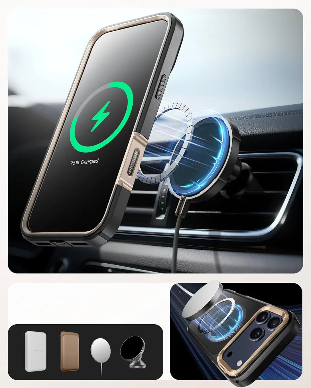 Handyhülle + Glas 9H für iPhone 17 Pro, Supcase i-Blason Ares Flip Mag SPG (CC) mit MagSafe, Schwarz-Golden - Image 10