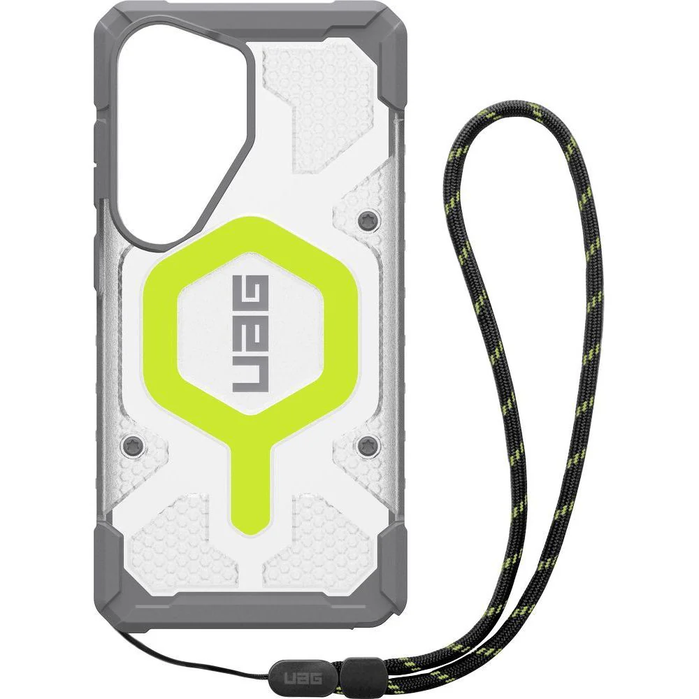 Handyhülle mit Armband für Galaxy S26 Ultra, Urban Armor Gear Pathfinder Clear Mag Bundle mit MagSafe, Transparent und Grau mit grünem Element
