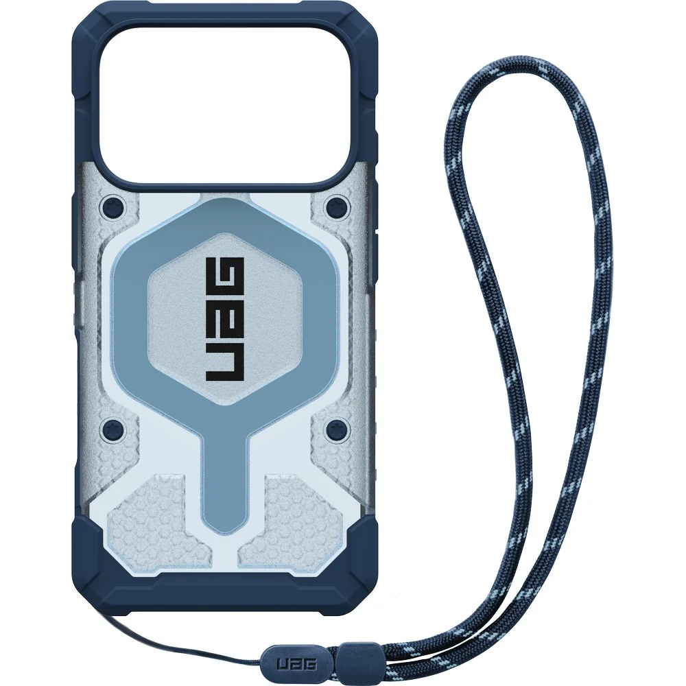 Handyhülle mit Armband für iPhone 17 Pro, Urban Armor Gear Pathfinder Clear Mag Lanyard mit MagSafe, Durchscheinend-Blau