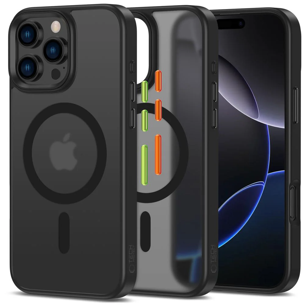 Handyhülle mit austauschbaren Tasten Tech-Protect Magmat XT für iPhone 16 Pro Max für MagSafe, Transparent-Schwarz