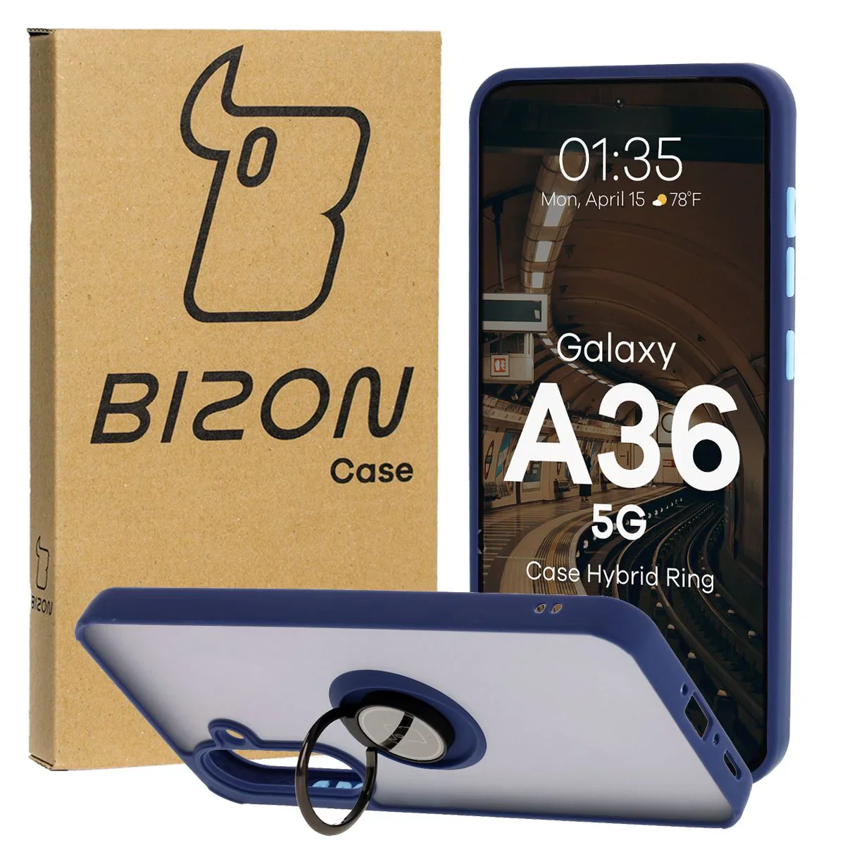 Handyhülle mit Fingergriff für Galaxy A36 5G, Bizon Case Hybrid Ring, getönt mit dunkelblauem Rahmen
