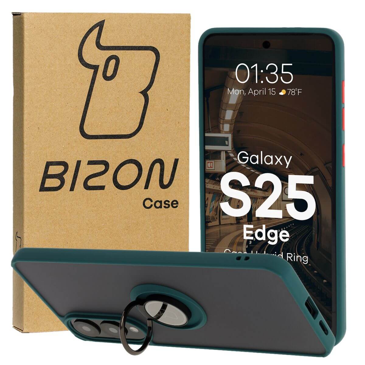 Handyhülle mit Fingergriff für Galaxy S25 Edge, Bizon Case Hybrid Ring, getönt mit dunkelgrünem Rahmen