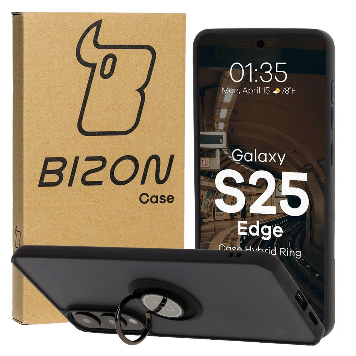 Handyhülle mit Fingergriff für Galaxy S25 Edge, Bizon Case Hybrid Ring, getönt mit schwarzem Rahmen