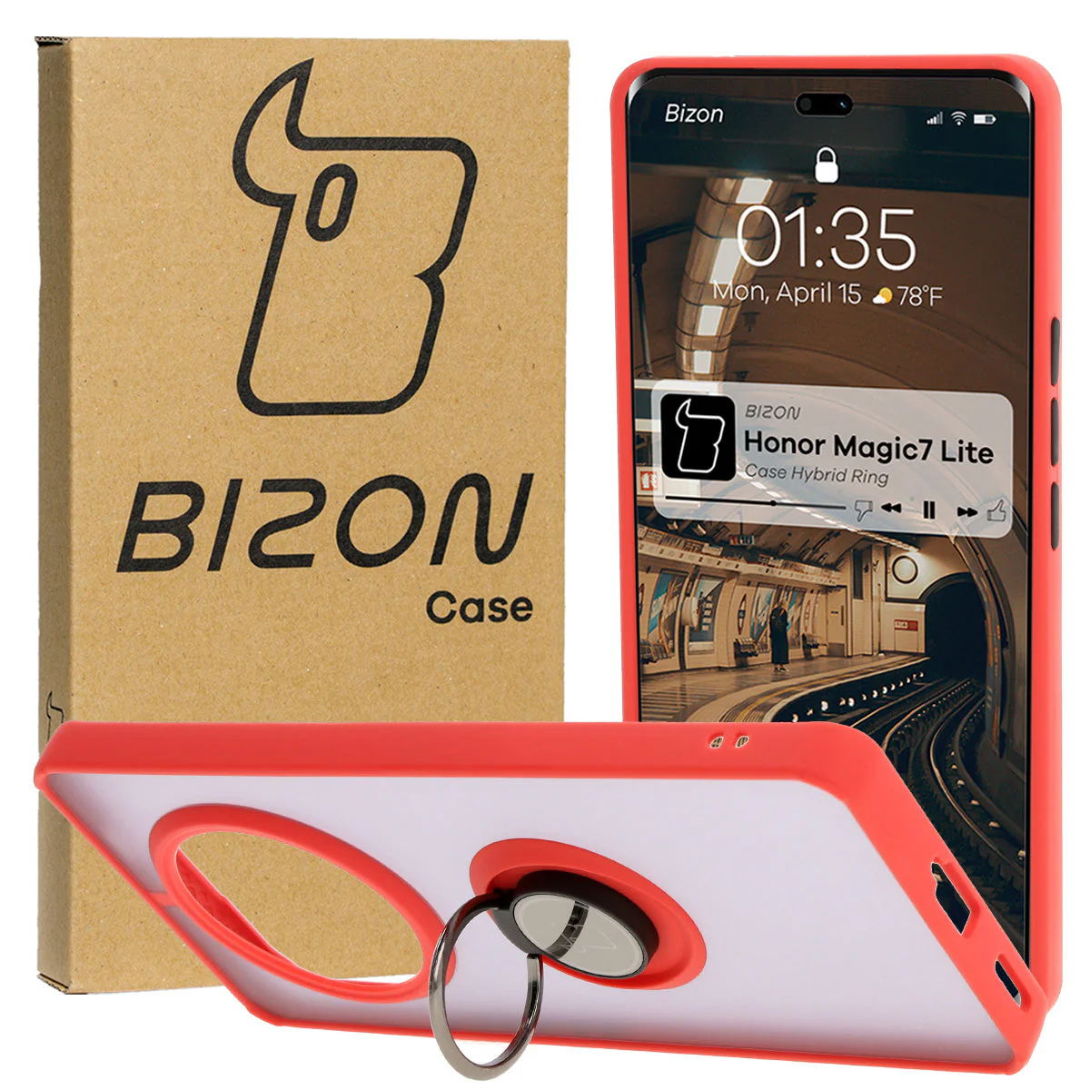 Handyhülle mit Fingergriff für Honor Magic7 Lite, Bizon Case Hybrid Ring, getönt mit rotem Rahmen