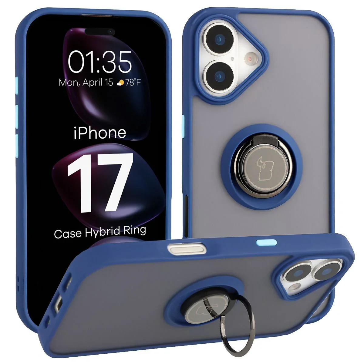 Handyhülle mit Fingergriff für iPhone 17, Bizon Case Hybrid Ring, getönt mit dunkelblauem Rahmen