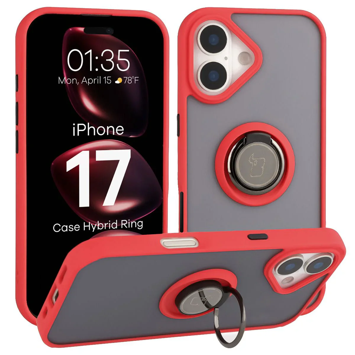 Handyhülle mit Fingergriff für iPhone 17, Bizon Case Hybrid Ring, getönt mit rotem Rahmen