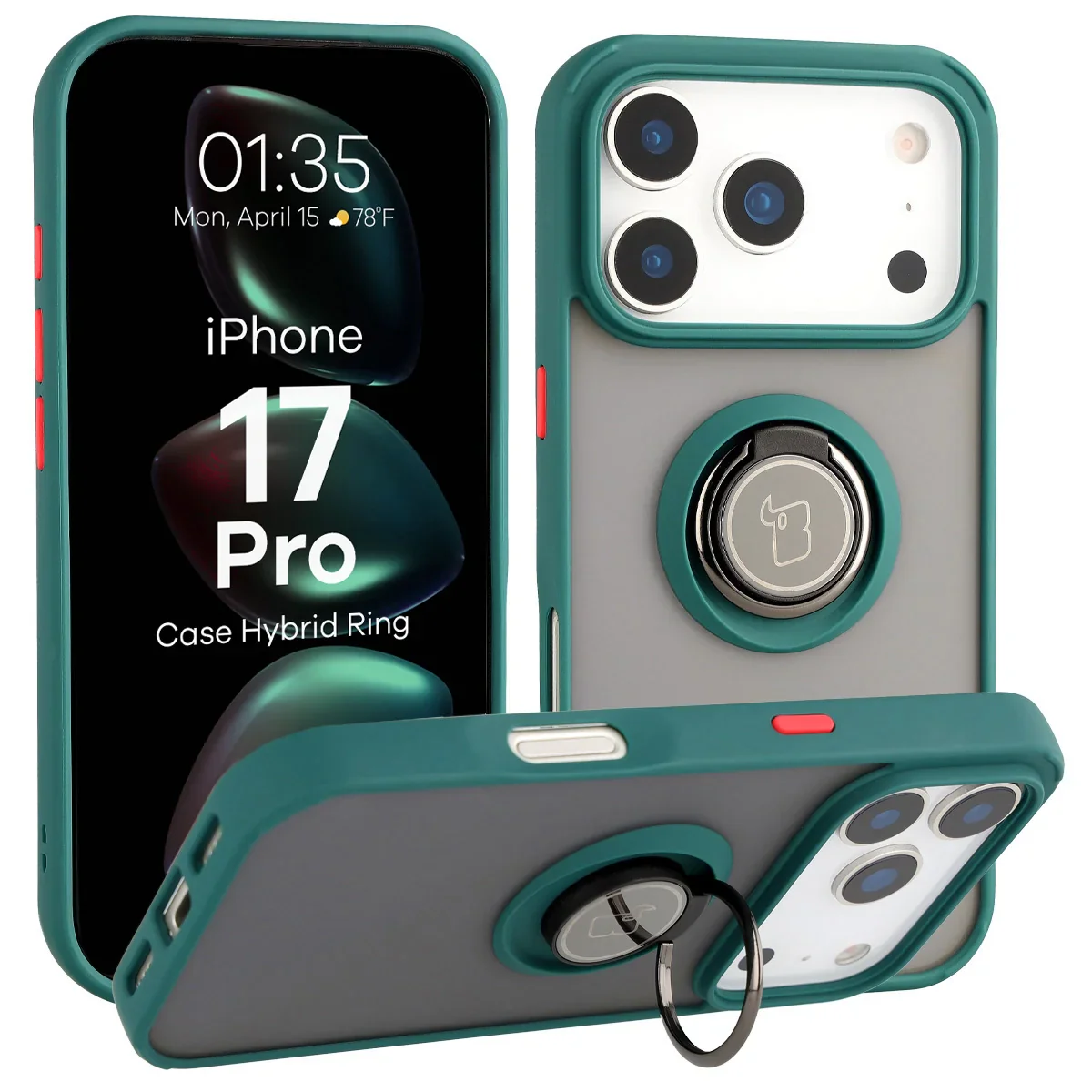 Handyhülle mit Fingergriff für iPhone 17 Pro, Bizon Case Hybrid Ring, getönt mit dunkelgrünem Rahmen
