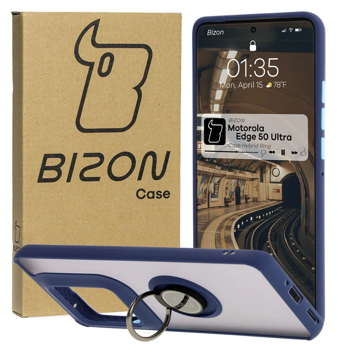 Handyhülle mit Fingergriff für Motorola Edge 50 Ultra, Bizon Case Hybrid Ring, getönt mit dunkelblauem Rahmen