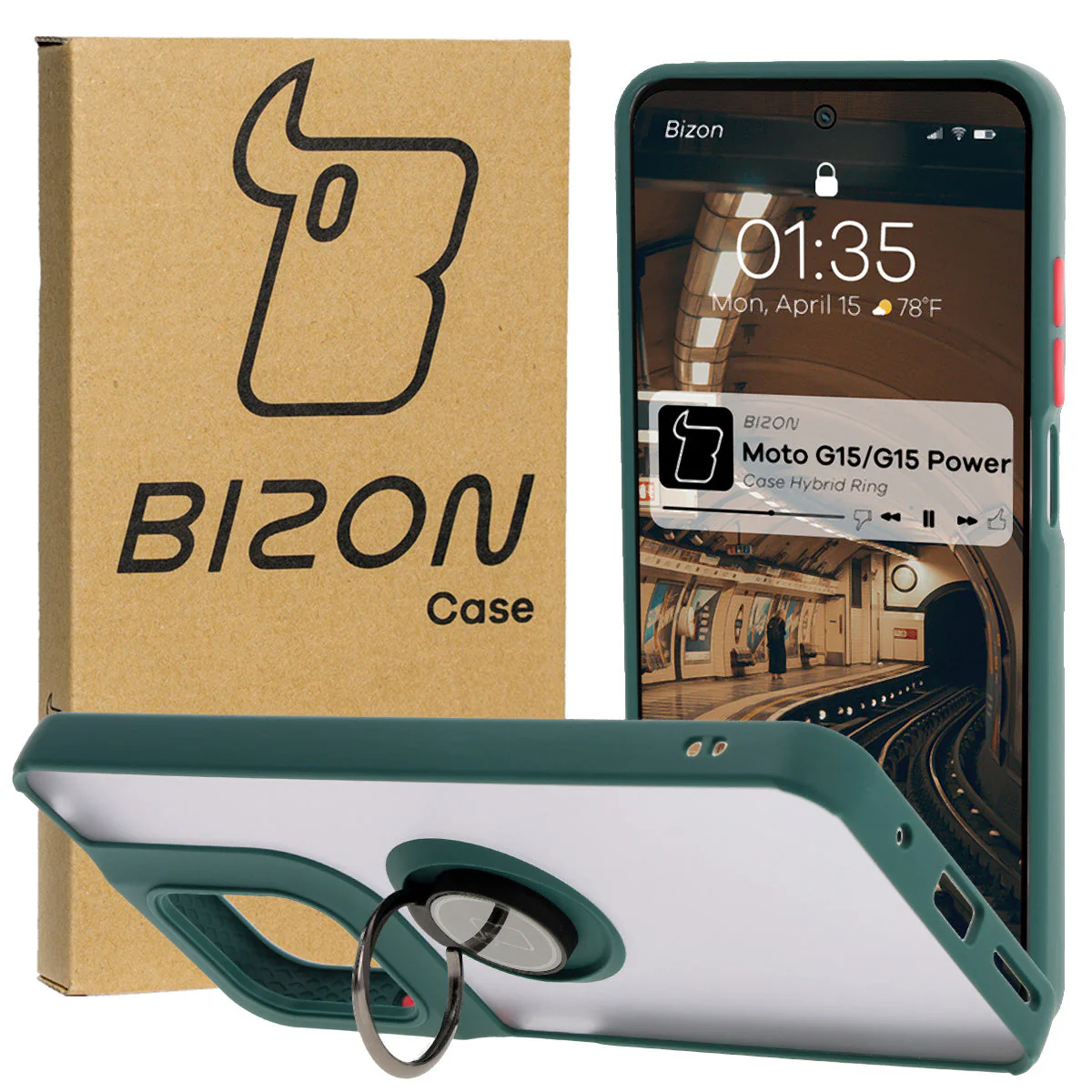 Handyhülle mit Fingergriff für Motorola Moto G15 / G15 Power, Bizon Case Hybrid Ring, getönt mit dunkelgrünem Rahmen