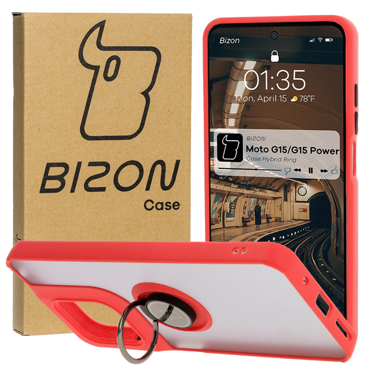 Handyhülle mit Fingergriff für Motorola Moto G15 / G15 Power, Bizon Case Hybrid Ring, getönt mit rotem Rahmen