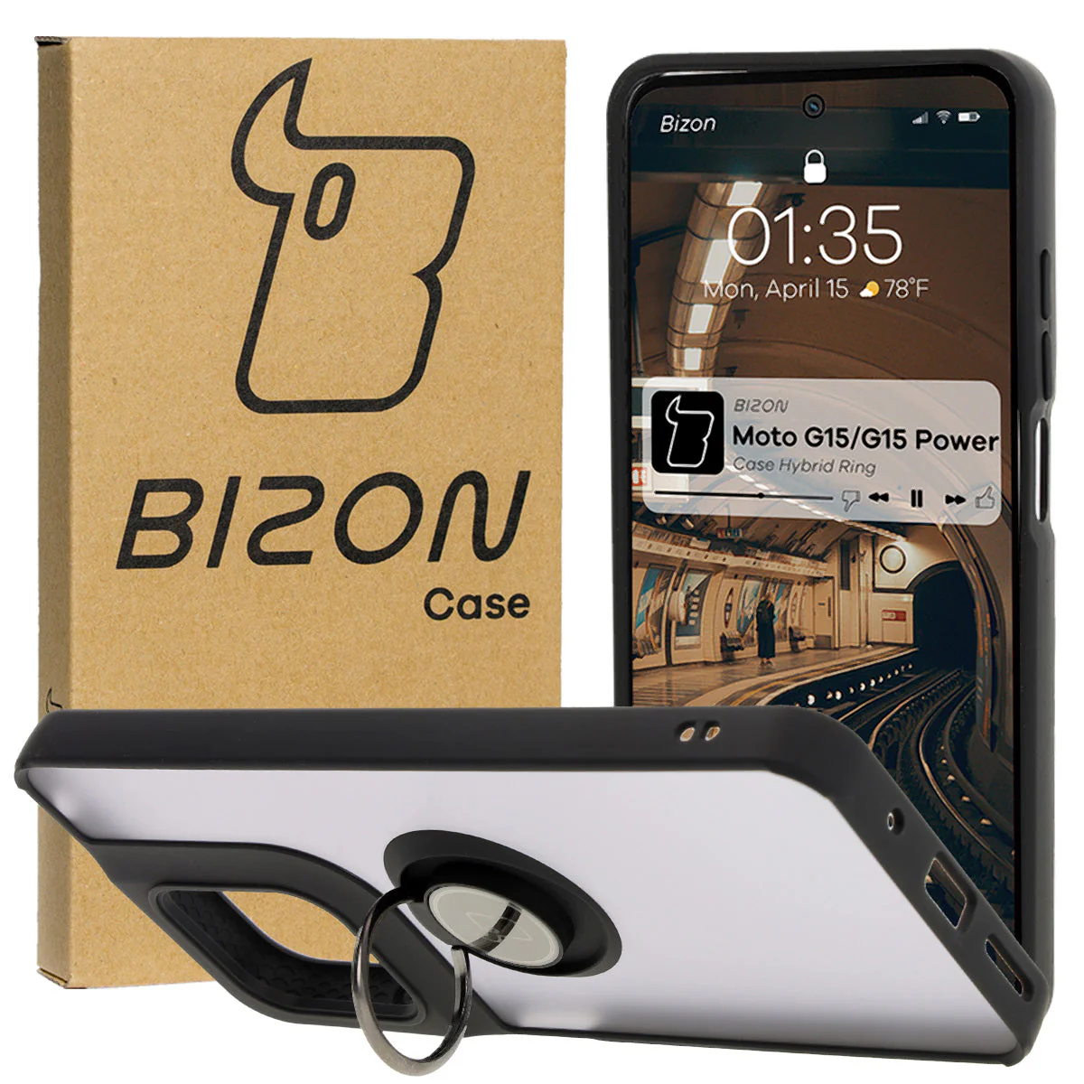 Handyhülle mit Fingergriff für Motorola Moto G15 / G15 Power, Bizon Case Hybrid Ring, getönt mit schwarzem Rahmen