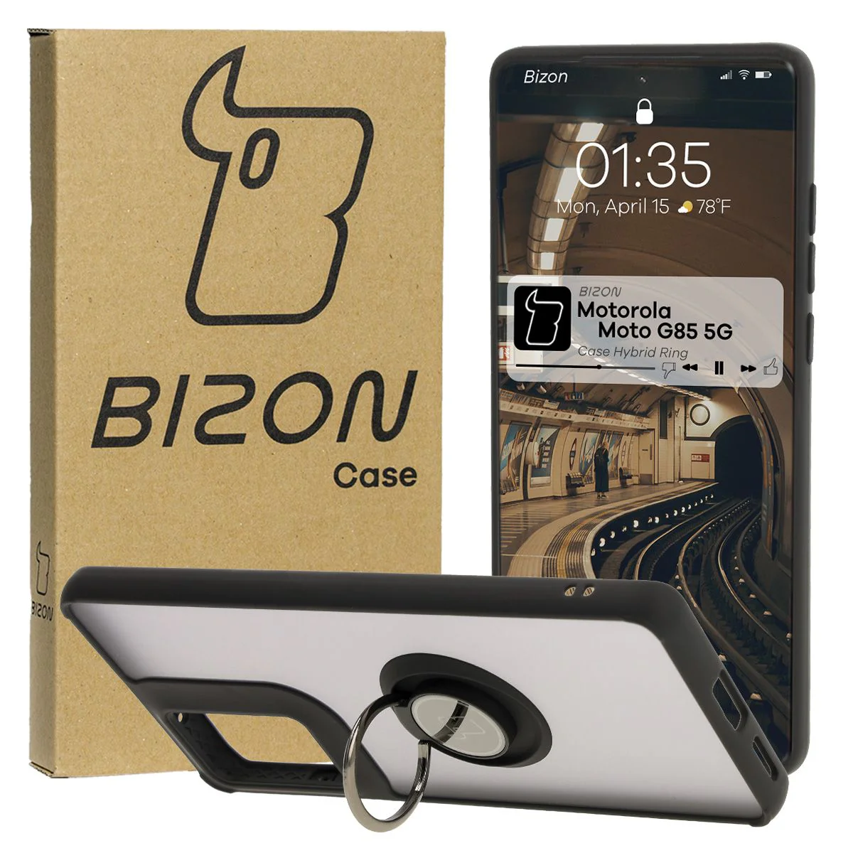 Handyhülle mit Fingergriff für Motorola Moto G85 5G, Bizon Case Hybrid Ring, getönt mit schwarzem Rahmen