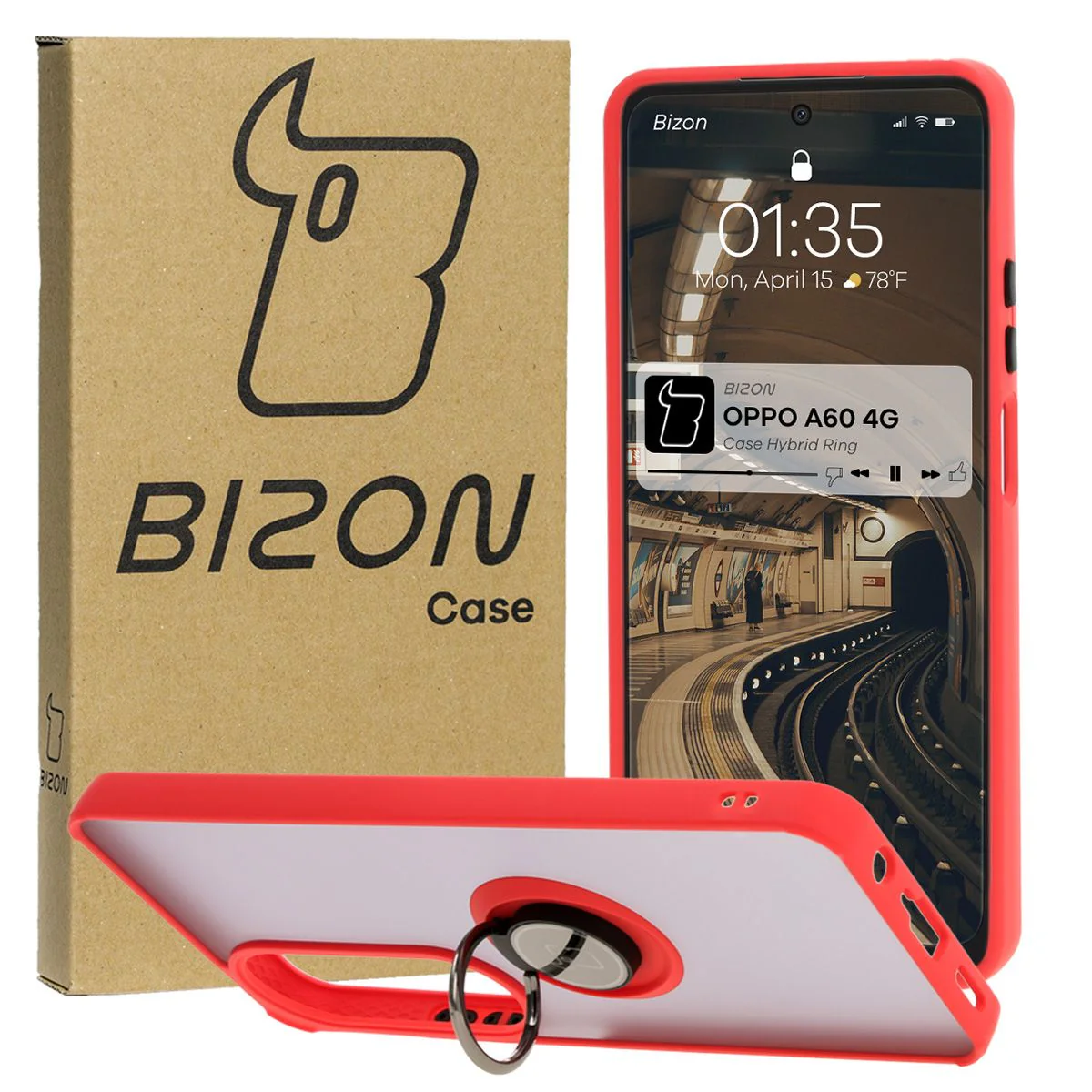Handyhülle mit Fingergriff für Oppo A60 4G, Bizon Case Hybrid Ring, getönt mit rotem Rahmen