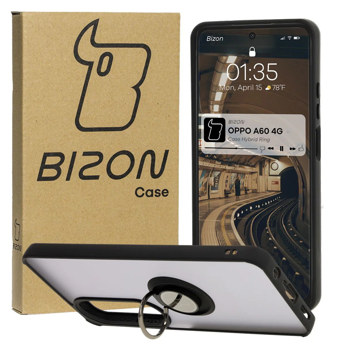 Handyhülle mit Fingergriff für Oppo A60 4G, Bizon Case Hybrid Ring, getönt mit schwarzem Rahmen