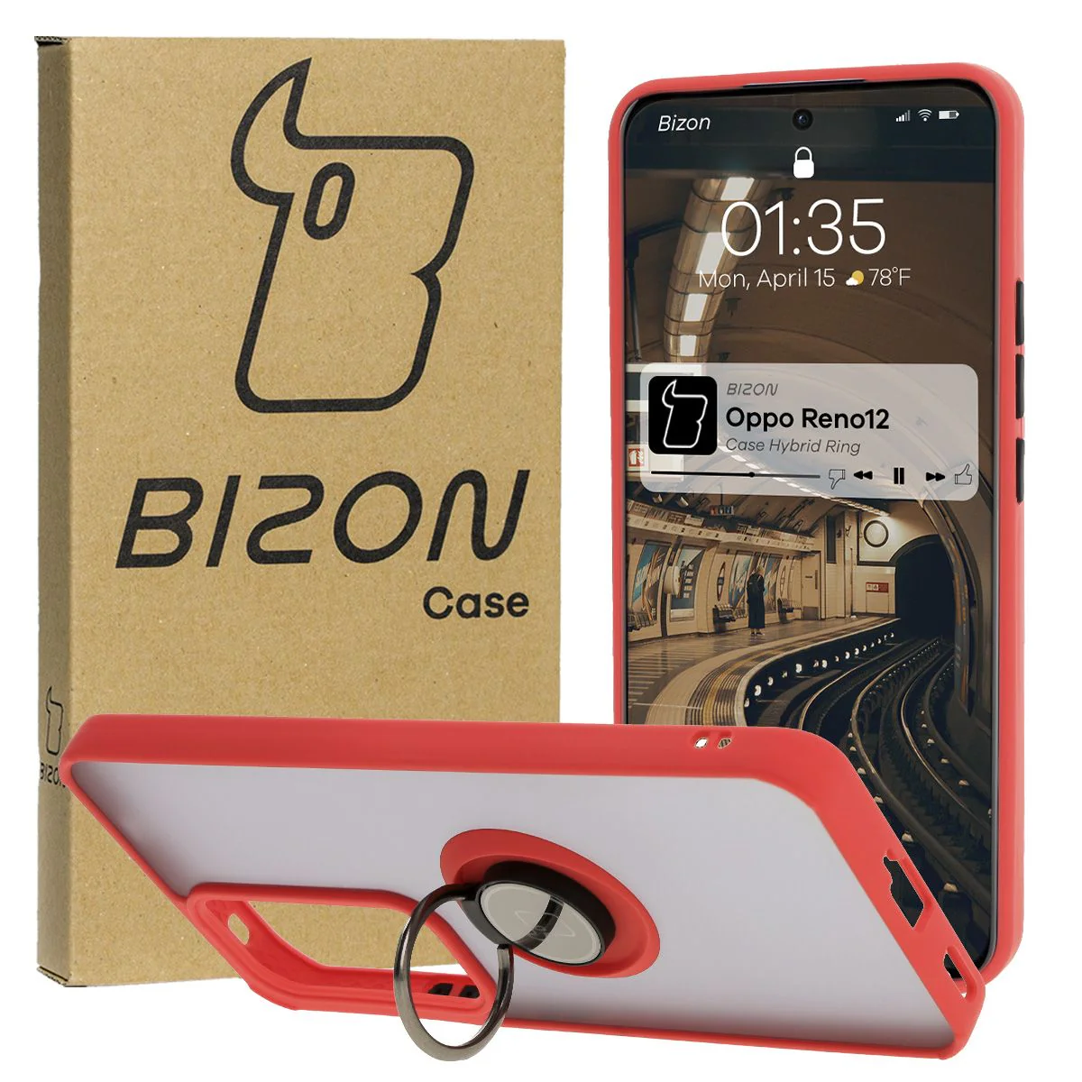 Handyhülle mit Fingergriff für Oppo Reno 12, Bizon Case Hybrid Ring, getönt mit rotem Rahmen
