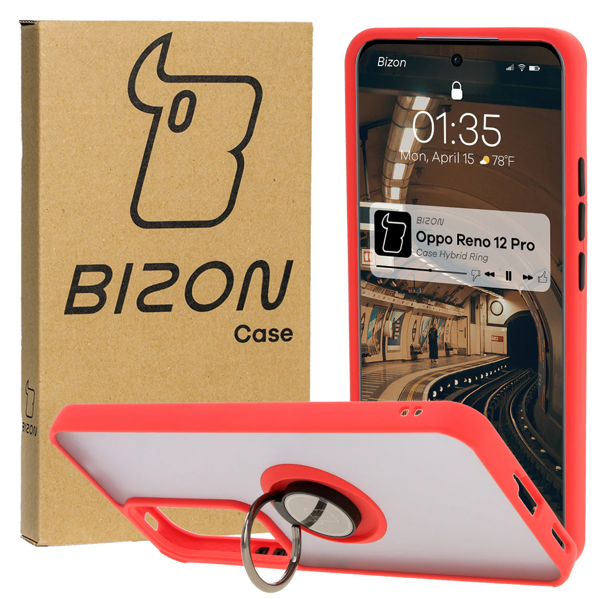Handyhülle mit Fingergriff für Oppo Reno 12 Pro, Bizon Case Hybrid Ring, getönt mit rotem Rahmen