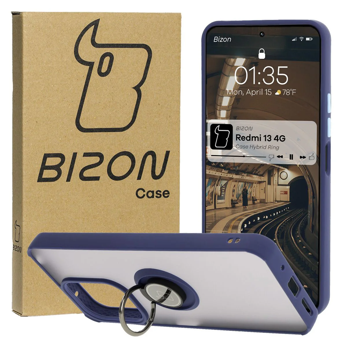 Handyhülle mit Fingergriff für Xiaomi Redmi 13 4G, Bizon Case Hybrid Ring, getönt mit dunkelblauem Rahmen